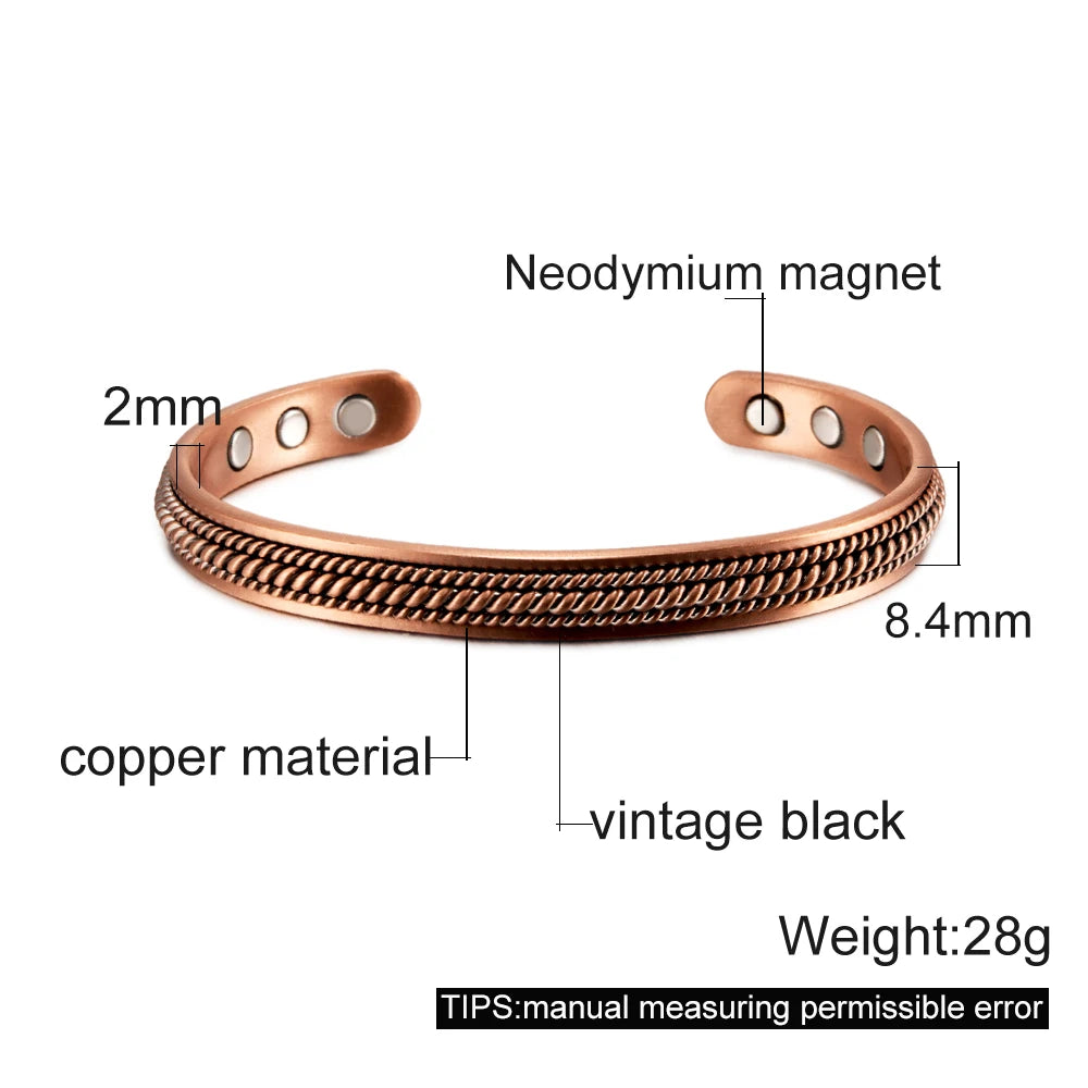 Women’s Pure Copper Magnetic Cuff Bracelet, Adjustable, 8.3mm Wide