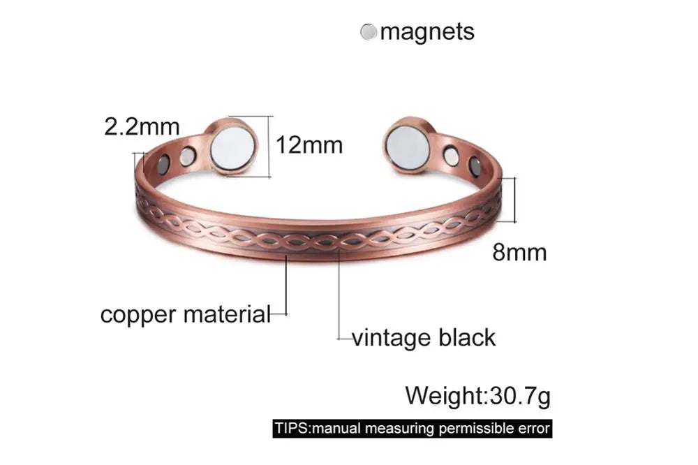 Vinterly Vintage Pure Copper Magnetic Cuff Bracelet, Adjustable for Men & Women