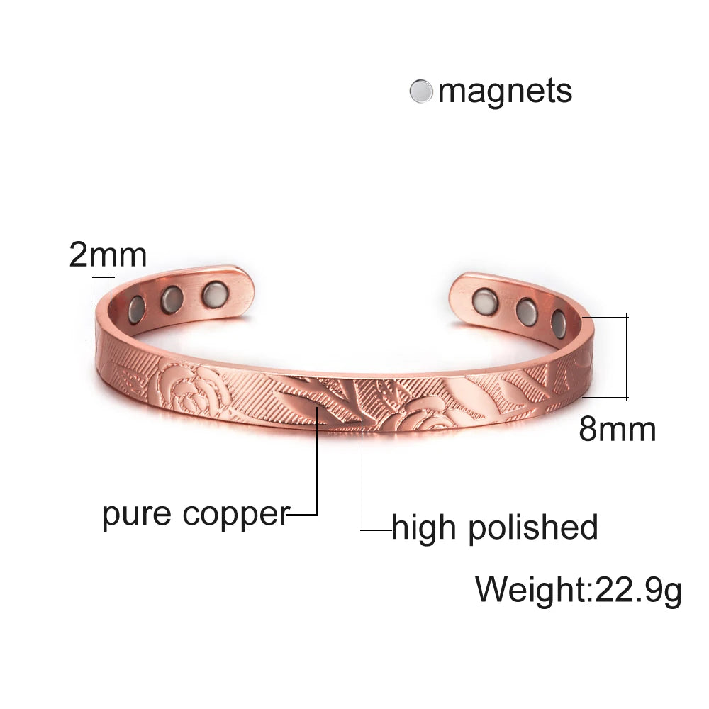 Women’s Pure Copper Magnetic Cuff Bracelet, Adjustable, 8.3mm Wide