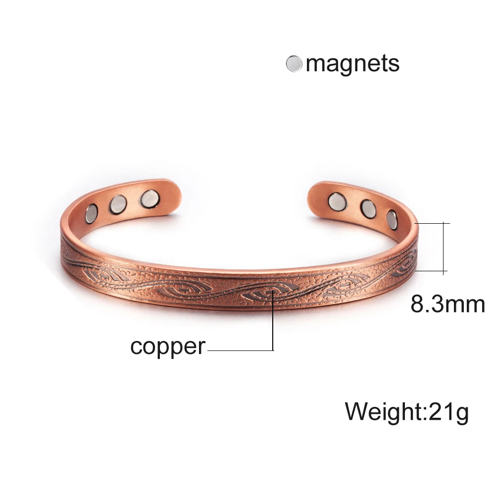 Women’s Pure Copper Magnetic Cuff Bracelet, Adjustable, 8.3mm Wide
