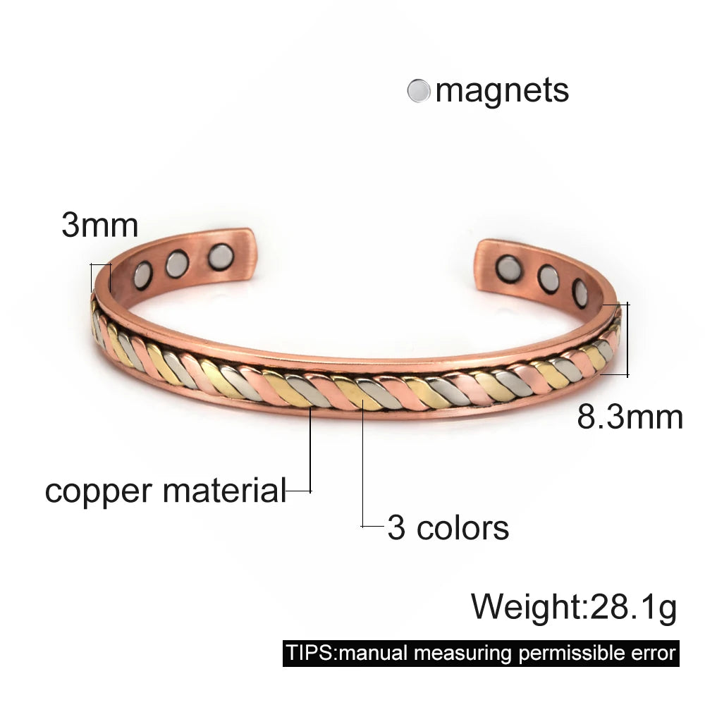Women’s Pure Copper Magnetic Cuff Bracelet, Adjustable, 8.3mm Wide