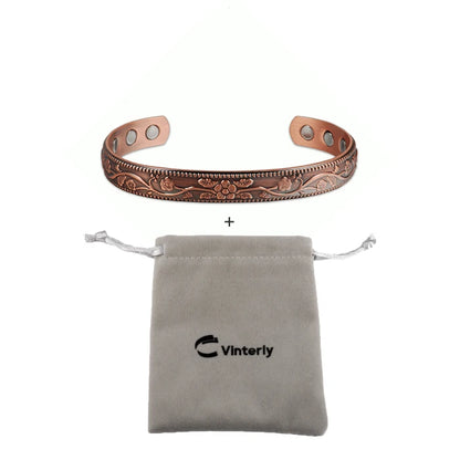 Women’s Adjustable Magnetic Copper Bracelet with Vintage Floral Design, 9mm