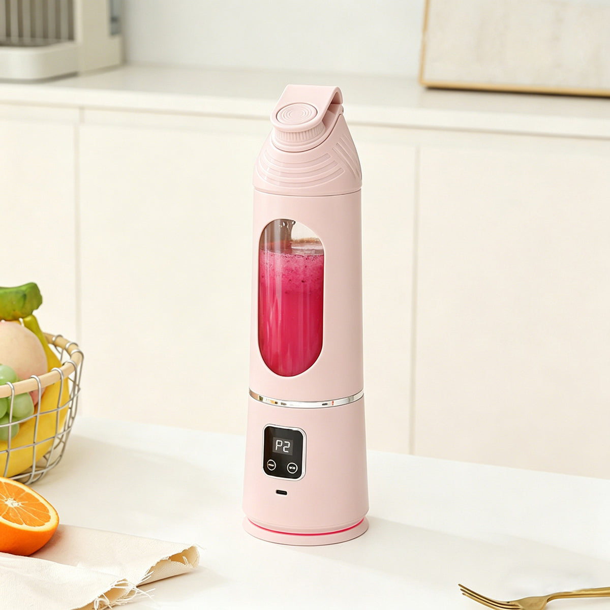 Stainless Steel Portable Juicer Cup with Digital Display, Rechargeable