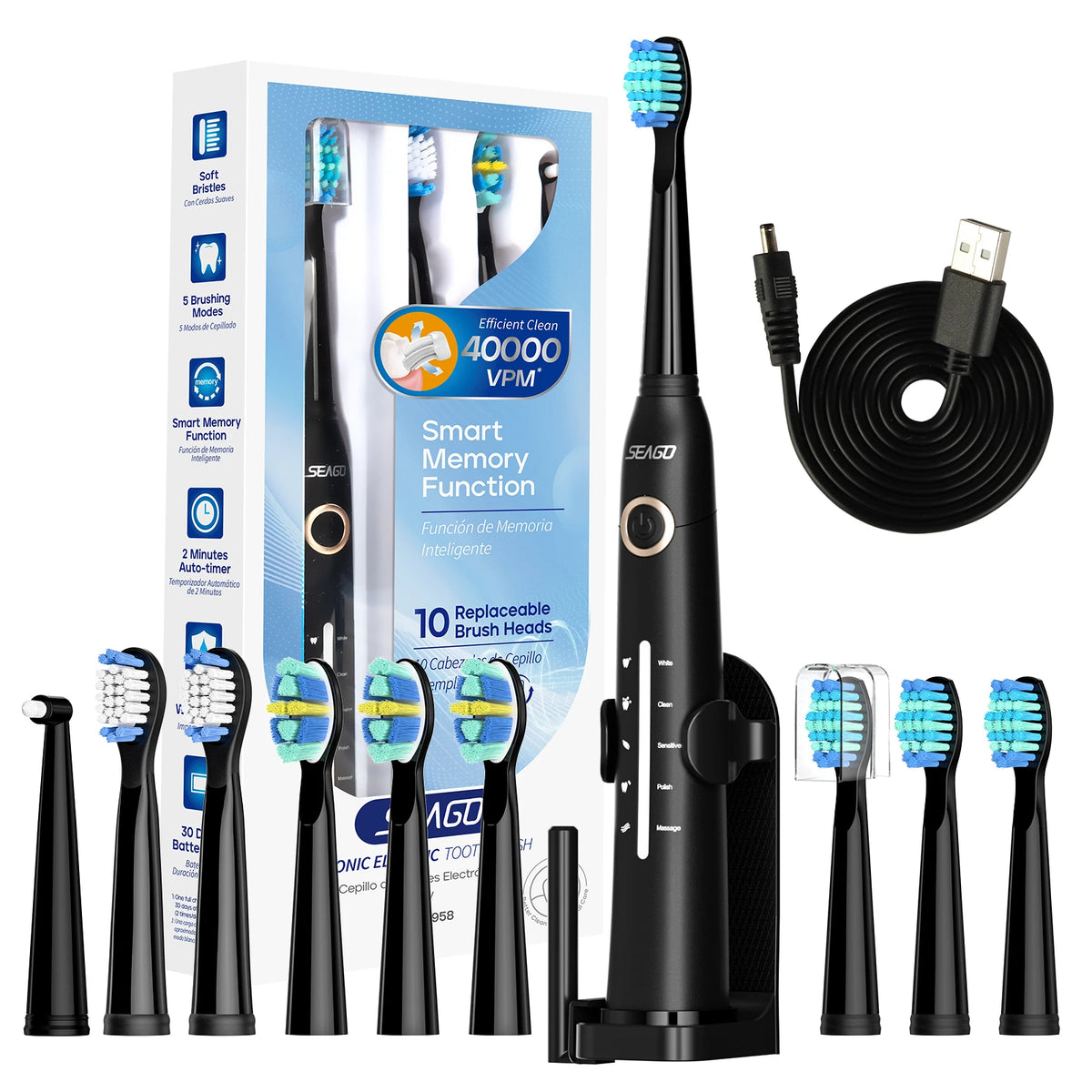 Seago USB Rechargeable Electric Toothbrush for Adults with 10 Replacement Heads