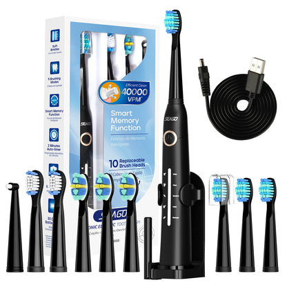 Seago USB Rechargeable Electric Toothbrush for Adults with 10 Replacement Heads