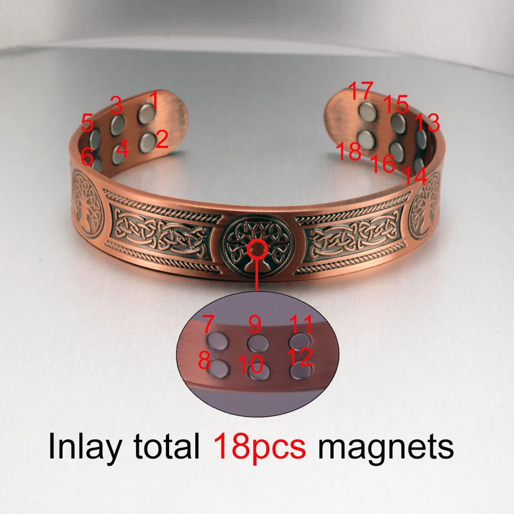 Vinterly Pure Copper Magnetic Cuff Bracelet with Viking Yggdrasil Design, Adjustable, 15mm Wide