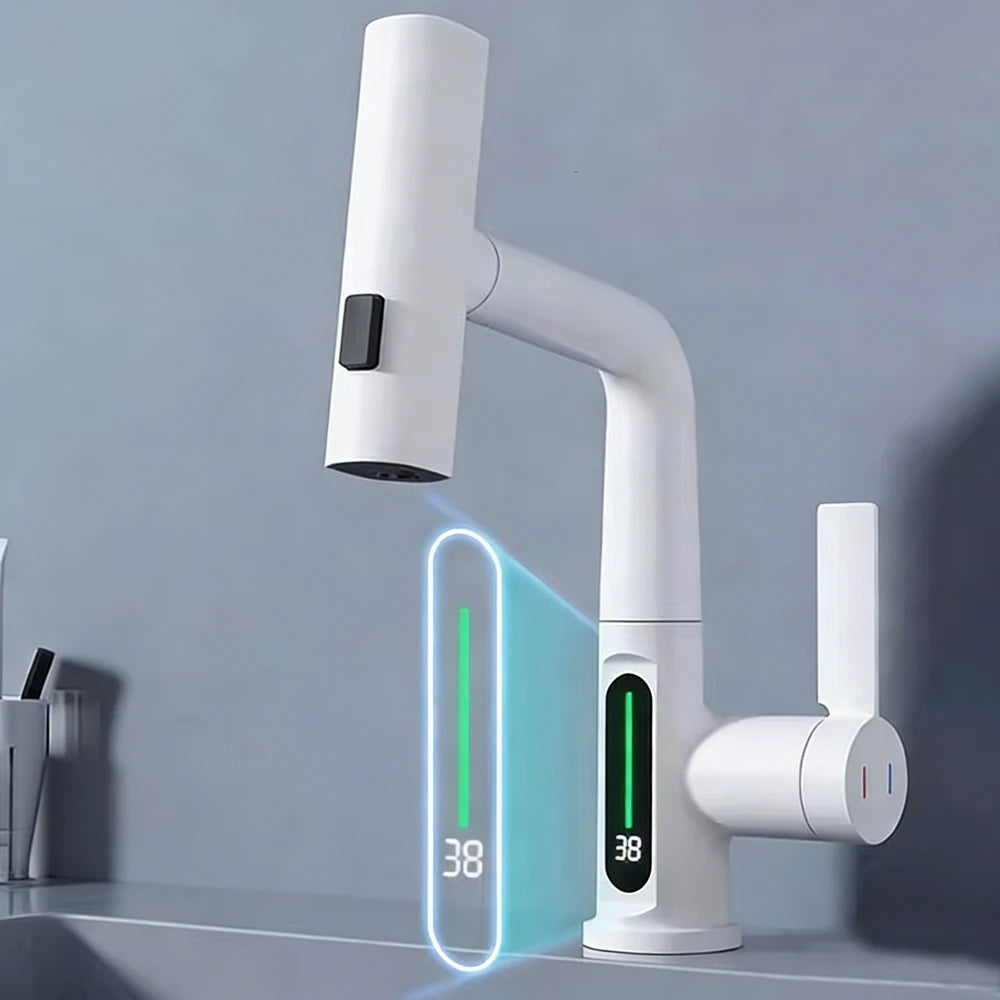 Waterfall Pull Out Kitchen Faucet White Intelligent Digital Display Cold Hot Mixer Taps Rotatable Sink Lifting Basin Faucet
