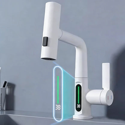 Waterfall Pull Out Kitchen Faucet White Intelligent Digital Display Cold Hot Mixer Taps Rotatable Sink Lifting Basin Faucet