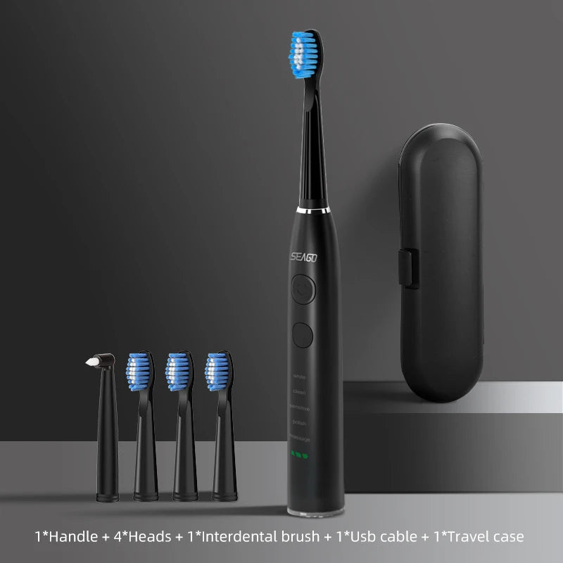 Seago SG-575 USB Rechargeable Electric Toothbrush with 4 Replacement Heads & Travel Case