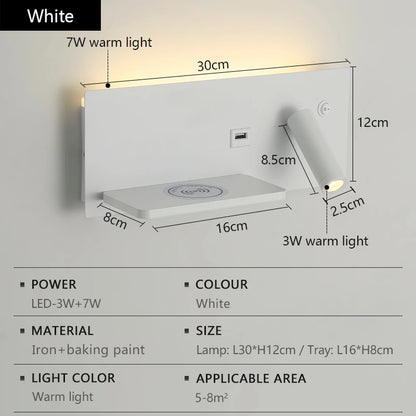 LED Wall Lamp Modern Multifunctional Iron Wall Lamp Living Room Bedroom  Ndoor Lighting with Wireless Charging and USB Interface