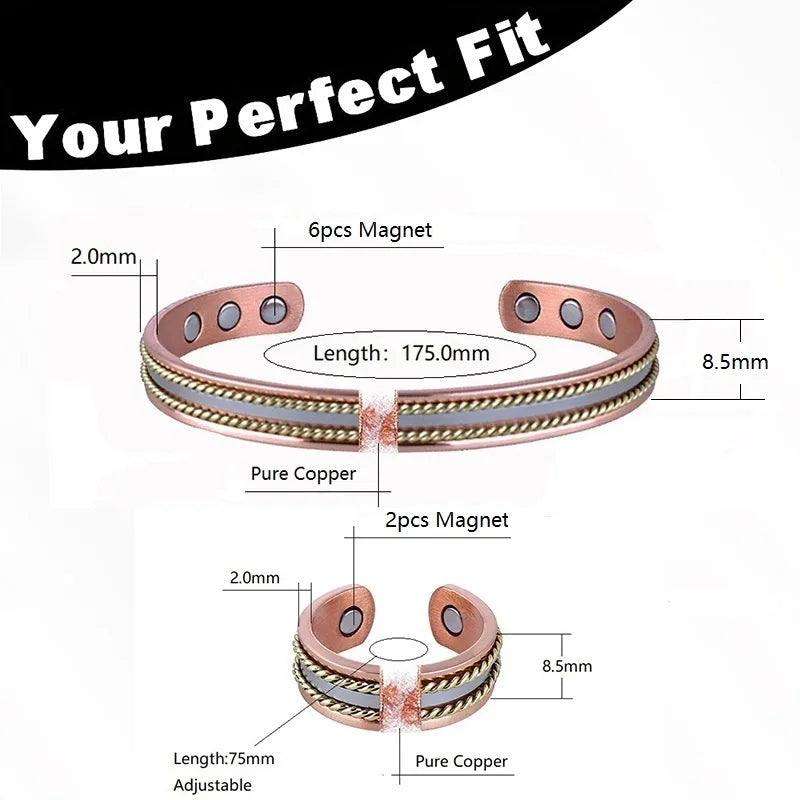 Vintage Pure Copper Magnetic Bracelet & Ring Set, Adjustable for Men & Women