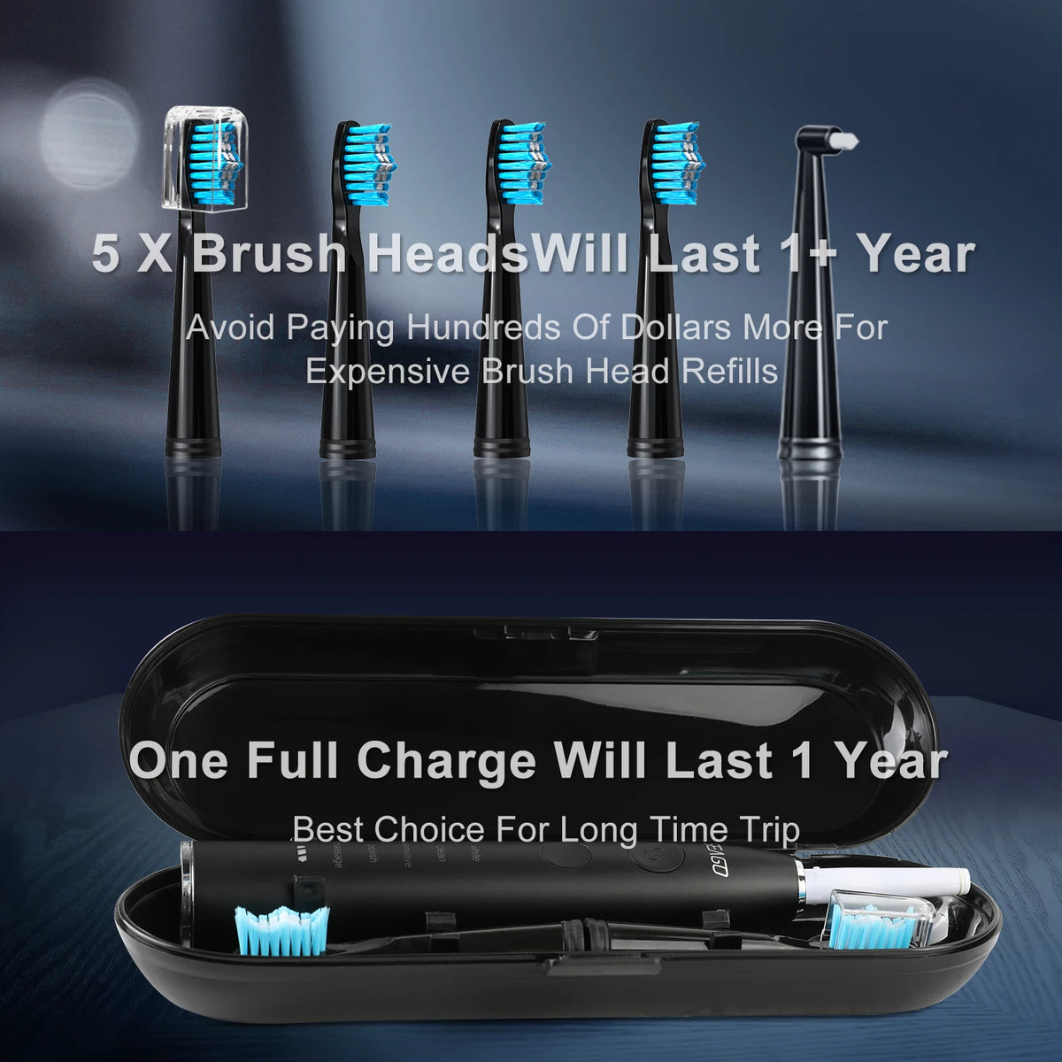 Seago SG-575 USB Rechargeable Electric Toothbrush with 4 Replacement Heads & Travel Case