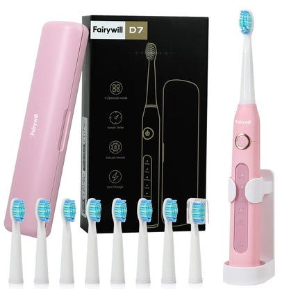 Fairywill FW507 Rechargeable Sonic Electric Toothbrush with 8 Replacement Heads & Travel Case