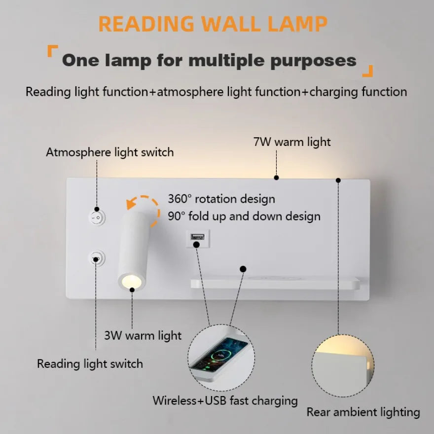 LED Wall Lamp Modern Multifunctional Iron Wall Lamp Living Room Bedroom  Ndoor Lighting with Wireless Charging and USB Interface