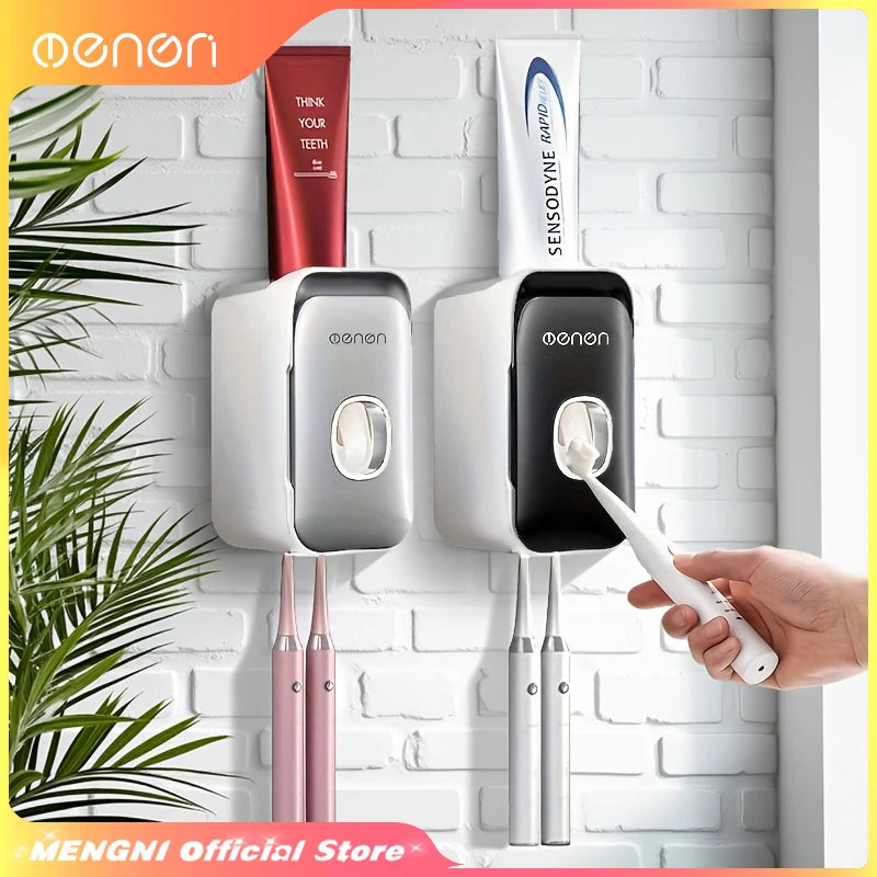 MENGNI Wall-Mounted Toothpaste Dispenser & Toothbrush Holder, No-Drill Installation