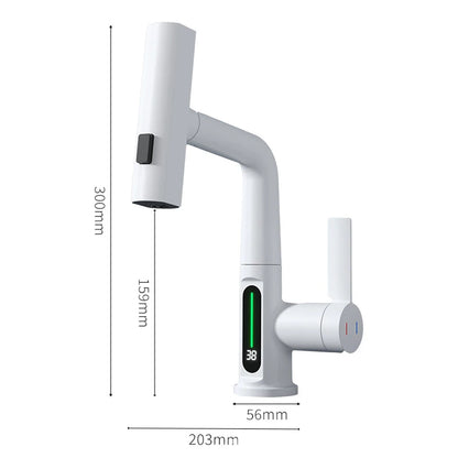 Waterfall Pull Out Kitchen Faucet White Intelligent Digital Display Cold Hot Mixer Taps Rotatable Sink Lifting Basin Faucet