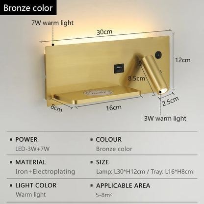 LED Wall Lamp Modern Multifunctional Iron Wall Lamp Living Room Bedroom  Ndoor Lighting with Wireless Charging and USB Interface