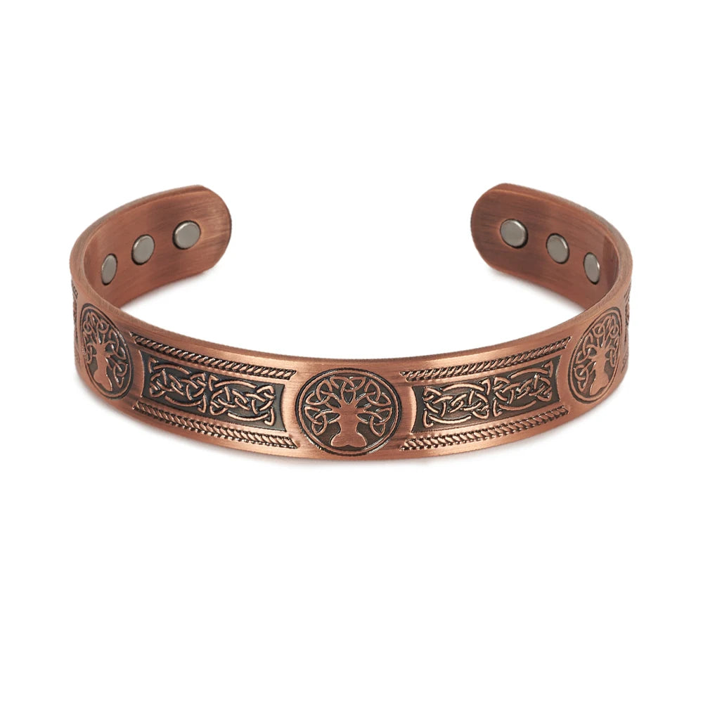 Vinterly Pure Copper Magnetic Cuff Bracelet with Viking Yggdrasil Design, Adjustable, 15mm Wide
