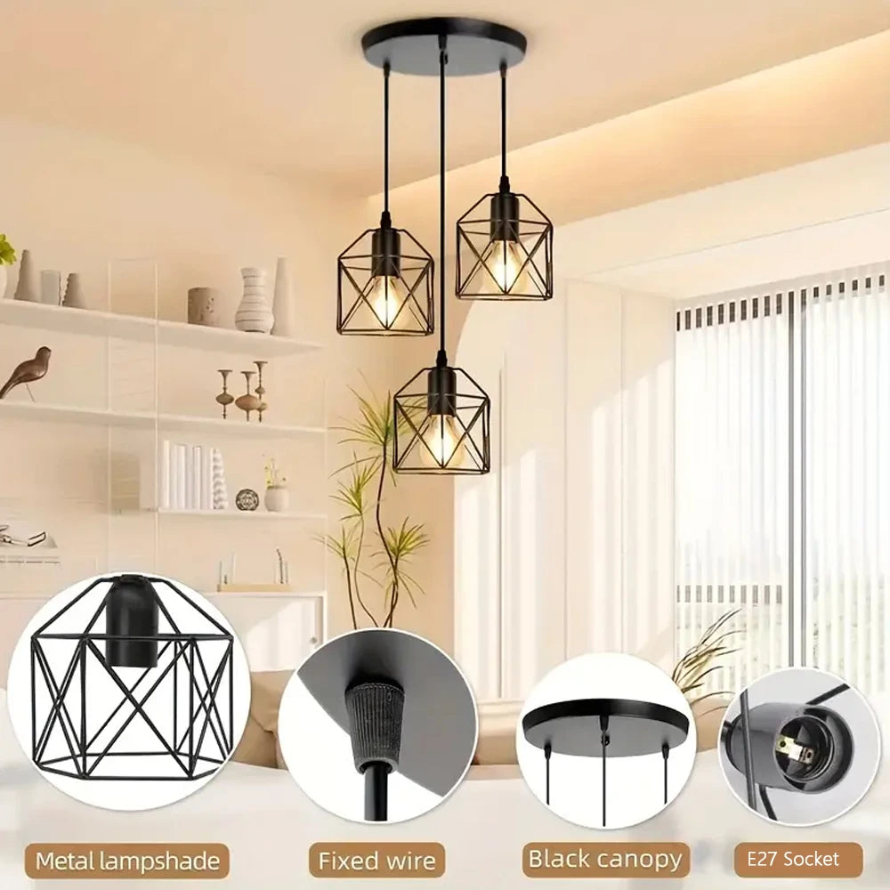 Industrial 3-Light Chandeliers with Metal Caged Living Room Pendant Light Black Hanging Light Fixtures for Dining Room Bedroom