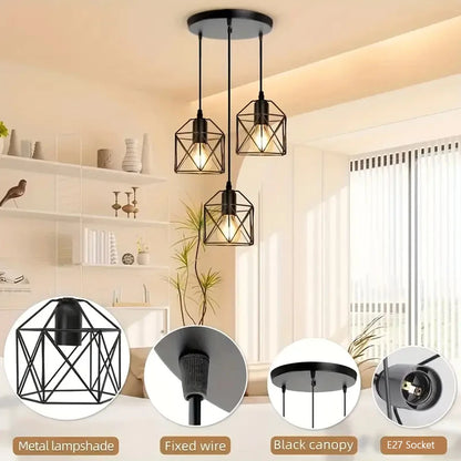 Industrial 3-Light Chandeliers with Metal Caged Living Room Pendant Light Black Hanging Light Fixtures for Dining Room Bedroom