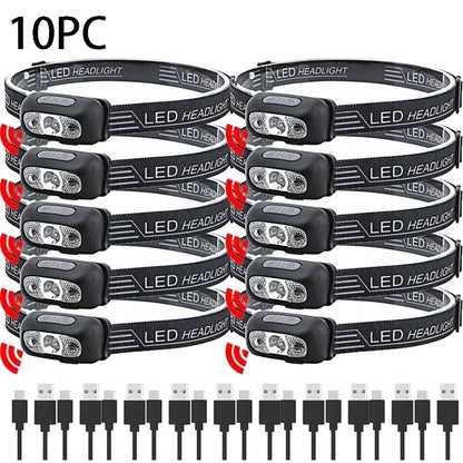 Strong Light Headlamp Portable LED Sensor Headlamp USB Rechargeable Head Flashlight Outdoor Camping Fishing Emergency Lantern
