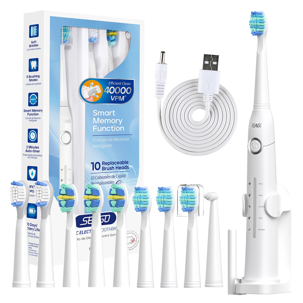 Seago USB Rechargeable Electric Toothbrush for Adults with 10 Replacement Heads