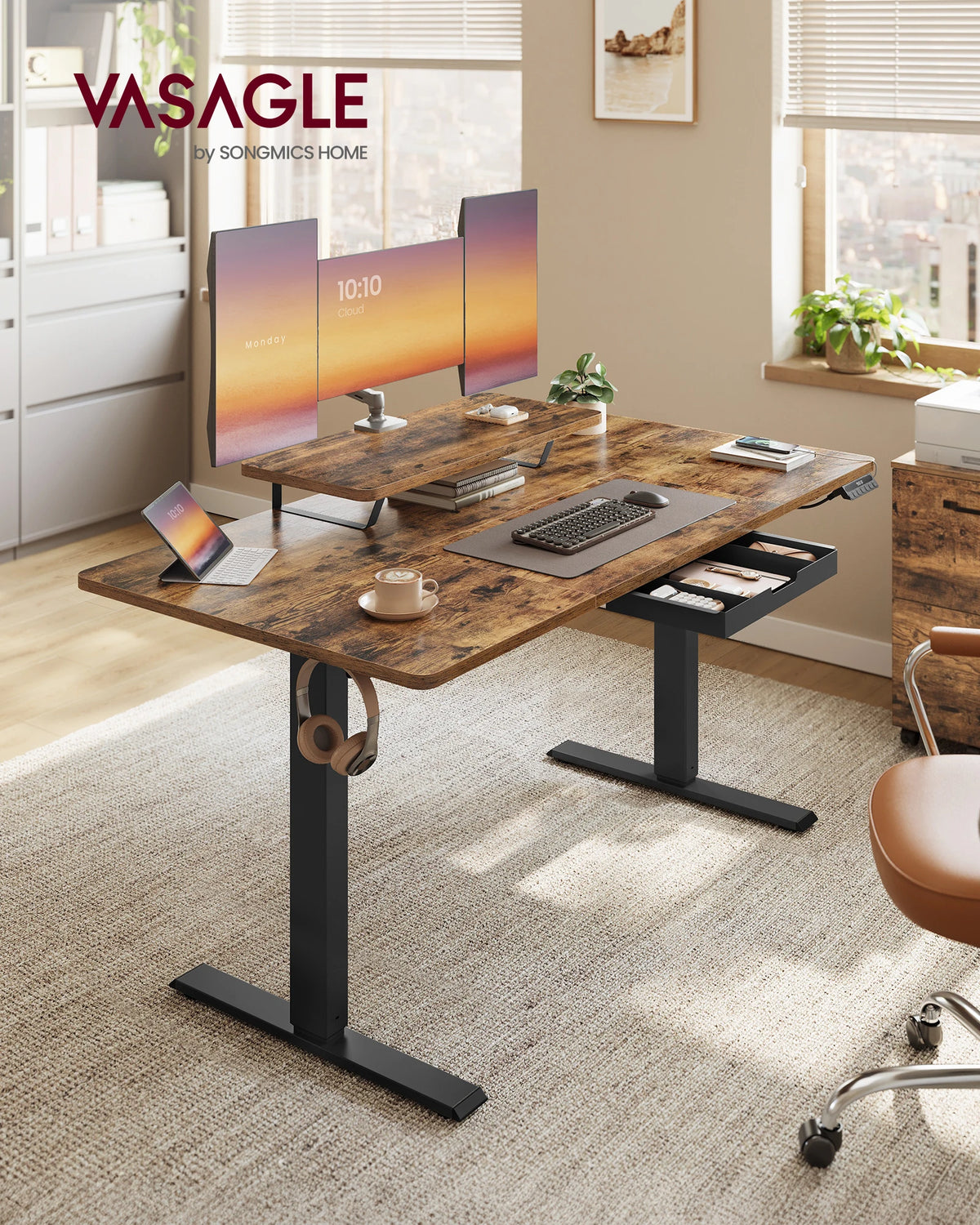 VASAGLE Height-Adjustable Desk with Monitor Stand, Drawer & Sitting Reminder