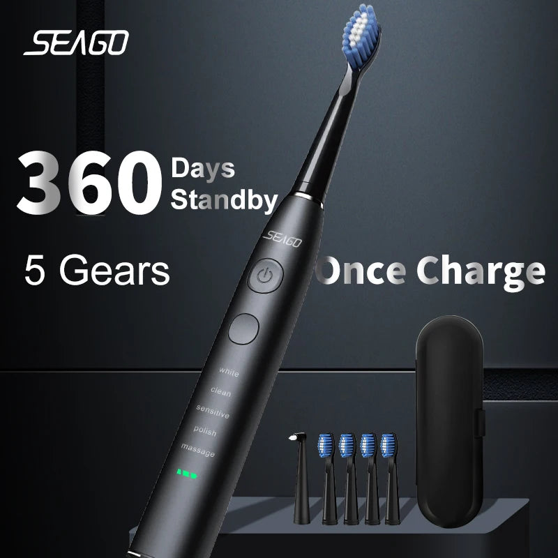 Seago SG-575 USB Rechargeable Electric Toothbrush with 4 Replacement Heads & Travel Case