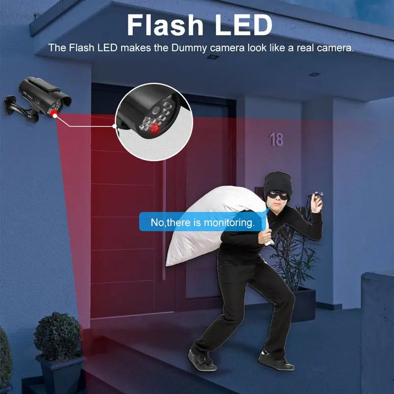 Solar-Powered Dummy Security Camera with Antenna & Flashing Red LED, Waterproof
