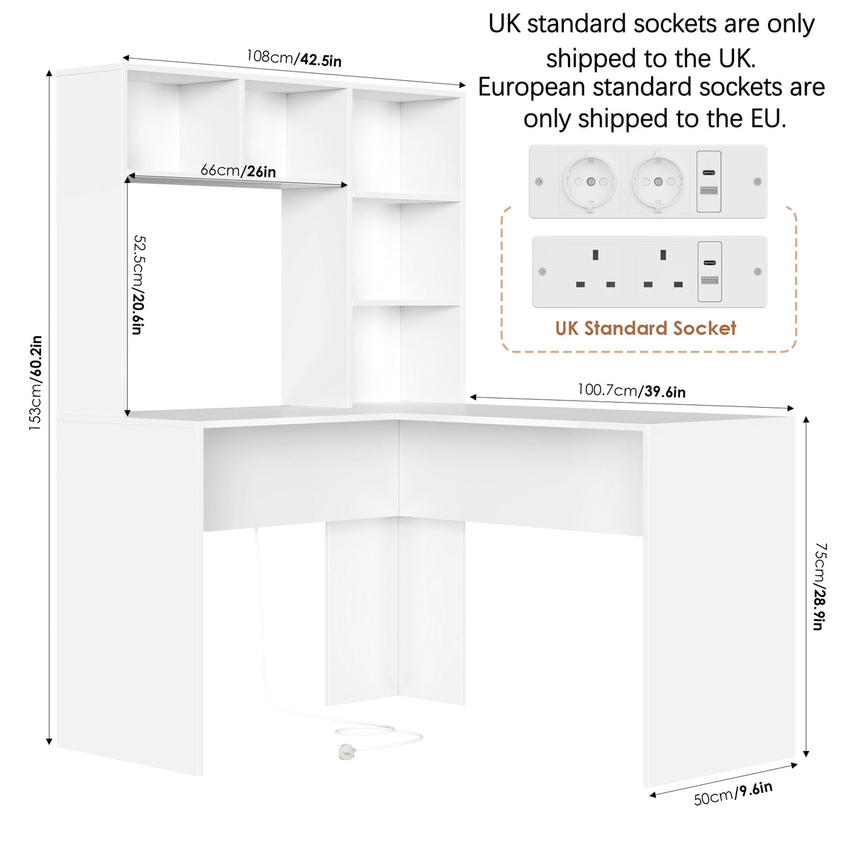 Getone Desk Corner Desk White L Shaped Computer Table Office table for Study Home Office 124.7X107.8X152.5 cm