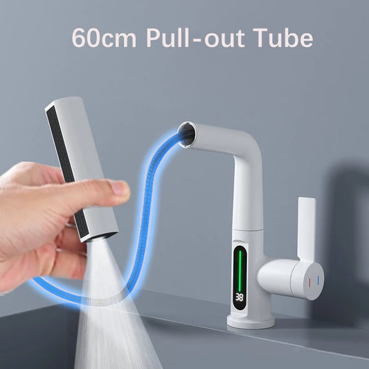 Waterfall Pull Out Kitchen Faucet White Intelligent Digital Display Cold Hot Mixer Taps Rotatable Sink Lifting Basin Faucet