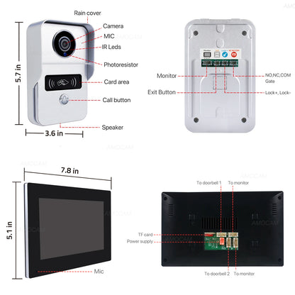 Wireless Wifi Video Doorbell System, 1080P Doorphone Door Camera, 7 Inch Touch Screen, Video Intercom 32GB Card for Home 4 Wire