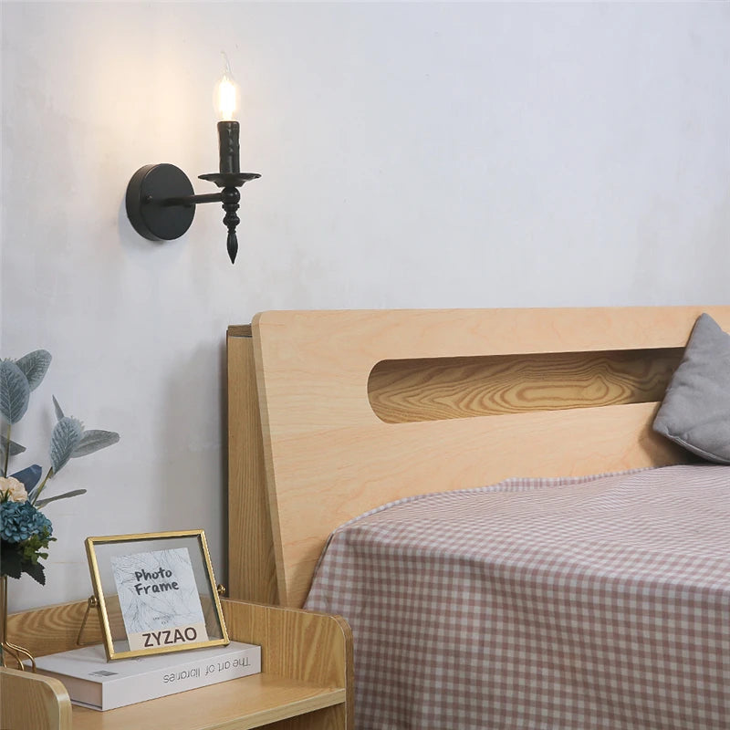 Vintage Iron Art Wall Lamps Black LED Wall Lights American Retro Loft Sconces Light Fixtures Bed Candle Simple Small Wall Lamp