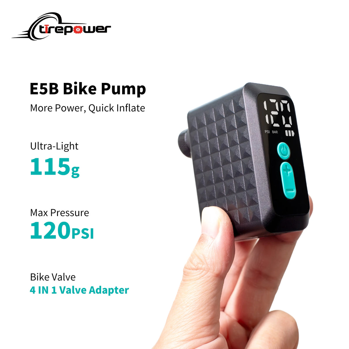 Electric Bike Pump 120PSI Tire Inflator with 4 in 1 Valves Presta Schrader Dunlop & Clik Valves Brushless Motor Digital Gauge