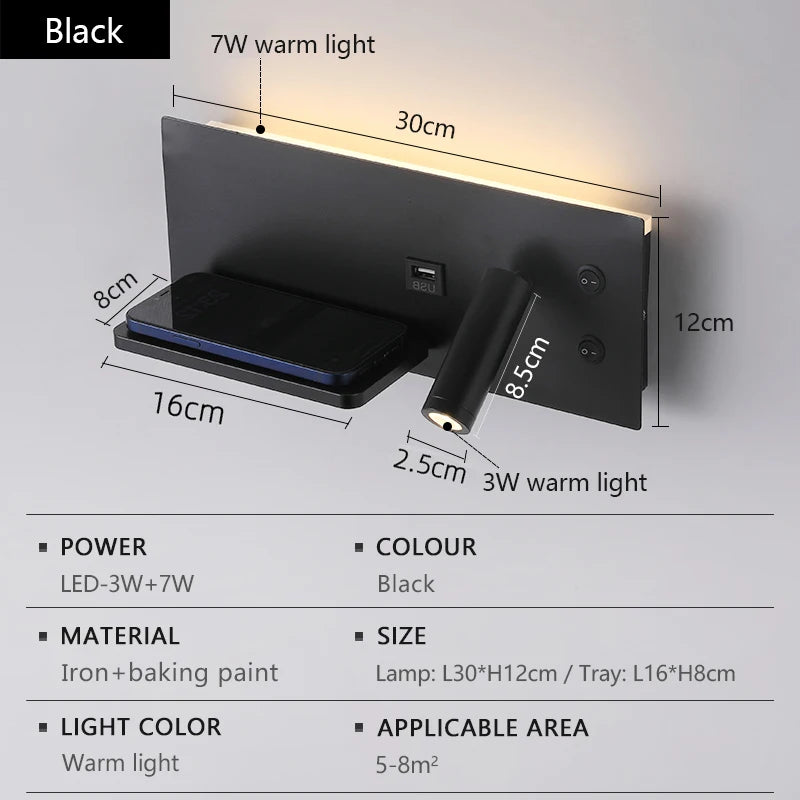 LED Wall Lamp Modern Multifunctional Iron Wall Lamp Living Room Bedroom  Ndoor Lighting with Wireless Charging and USB Interface