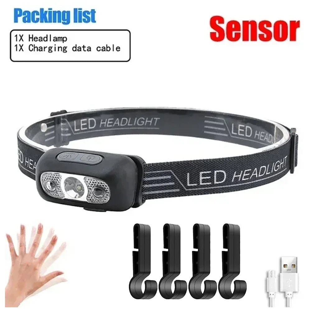 Strong Light Headlamp Portable LED Sensor Headlamp USB Rechargeable Head Flashlight Outdoor Camping Fishing Emergency Lantern