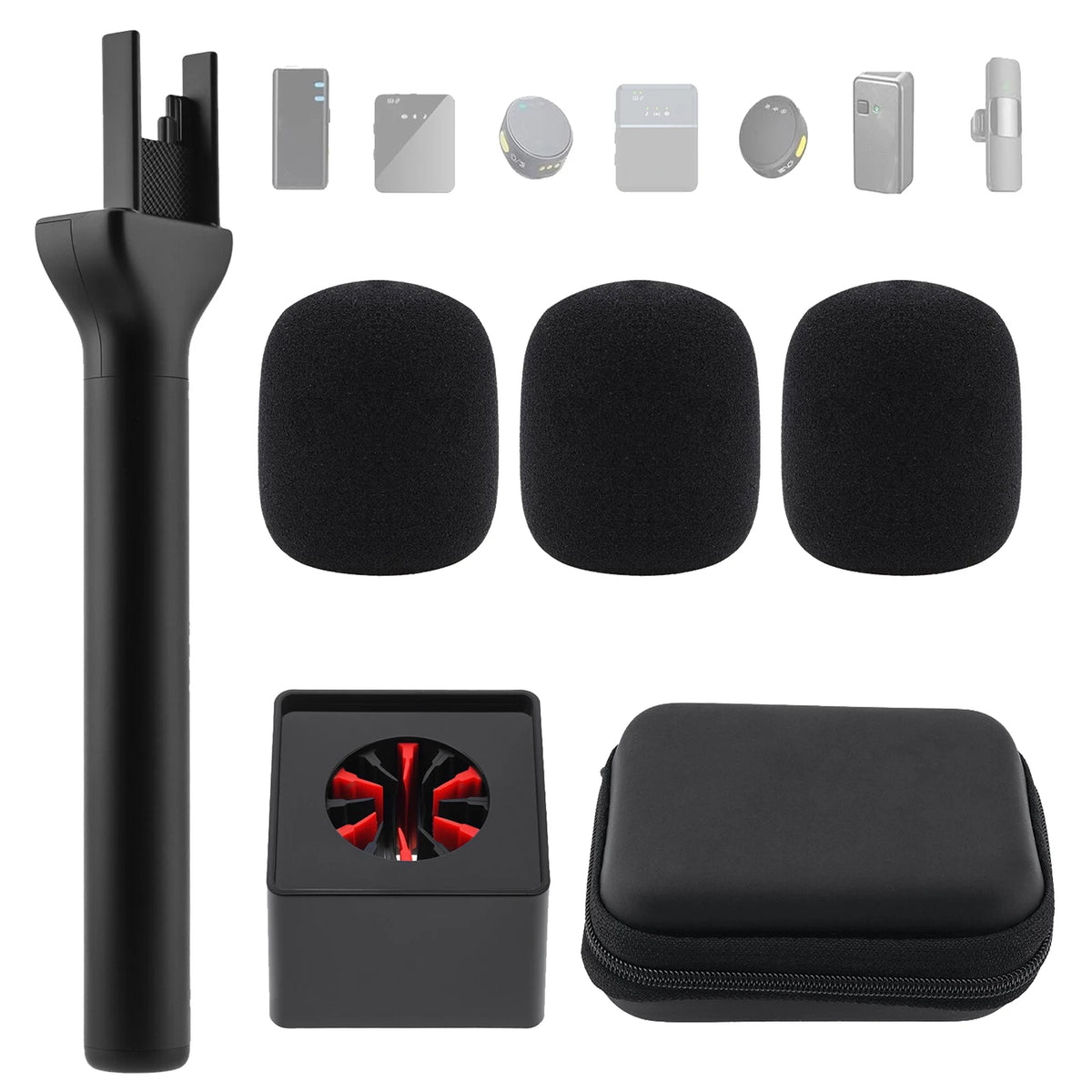 Microphone Handheld Stand Mic Handle for Universal Wireless / Lavalier Mic, Mic Holder with 3 Pop Filter for Vlogging, Interview