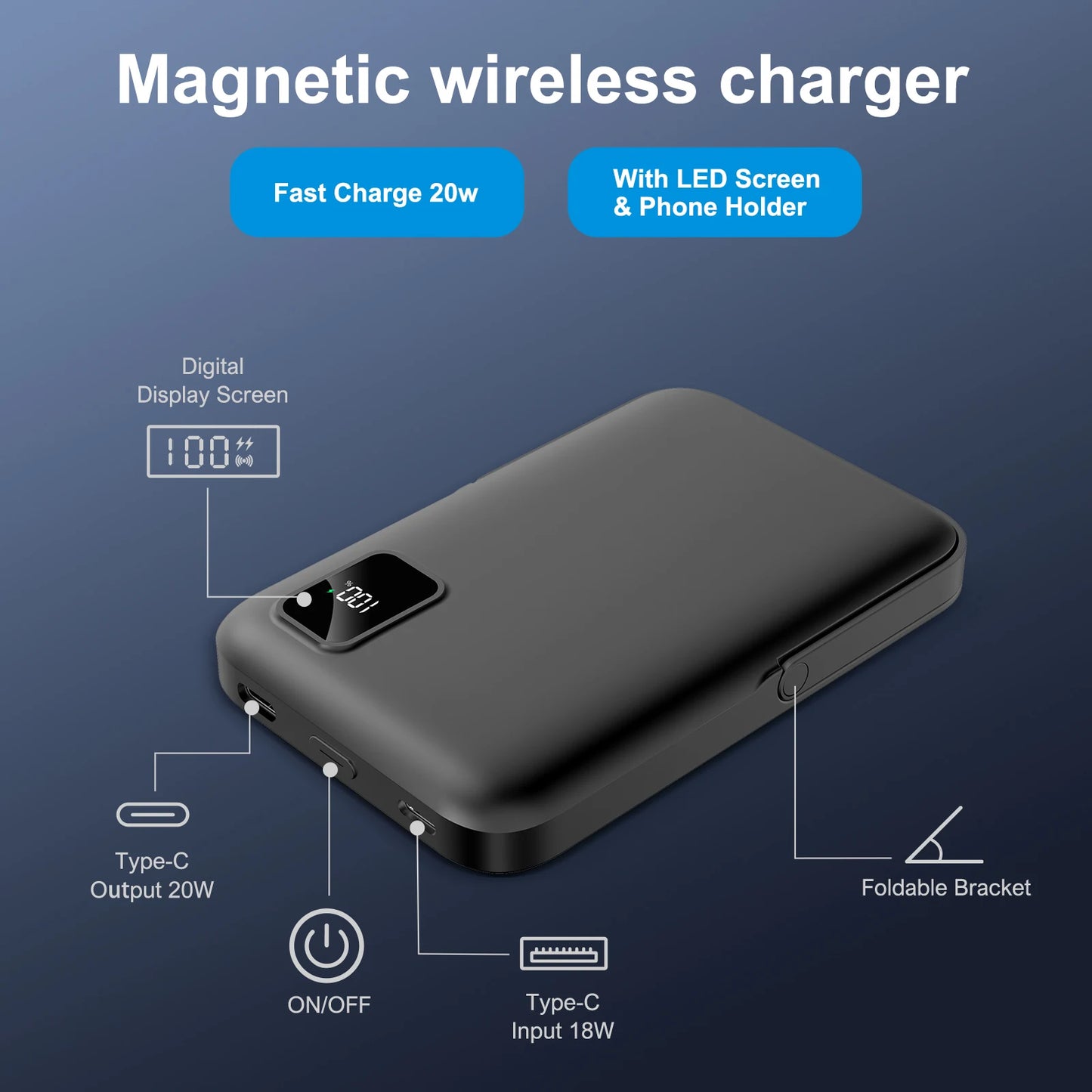 Magnetic Power Bank, Fast Charging Portable External Battery Pack, 10000mAh, 20W, Wireless Charger, for iPhone 15/14/13/12 Series