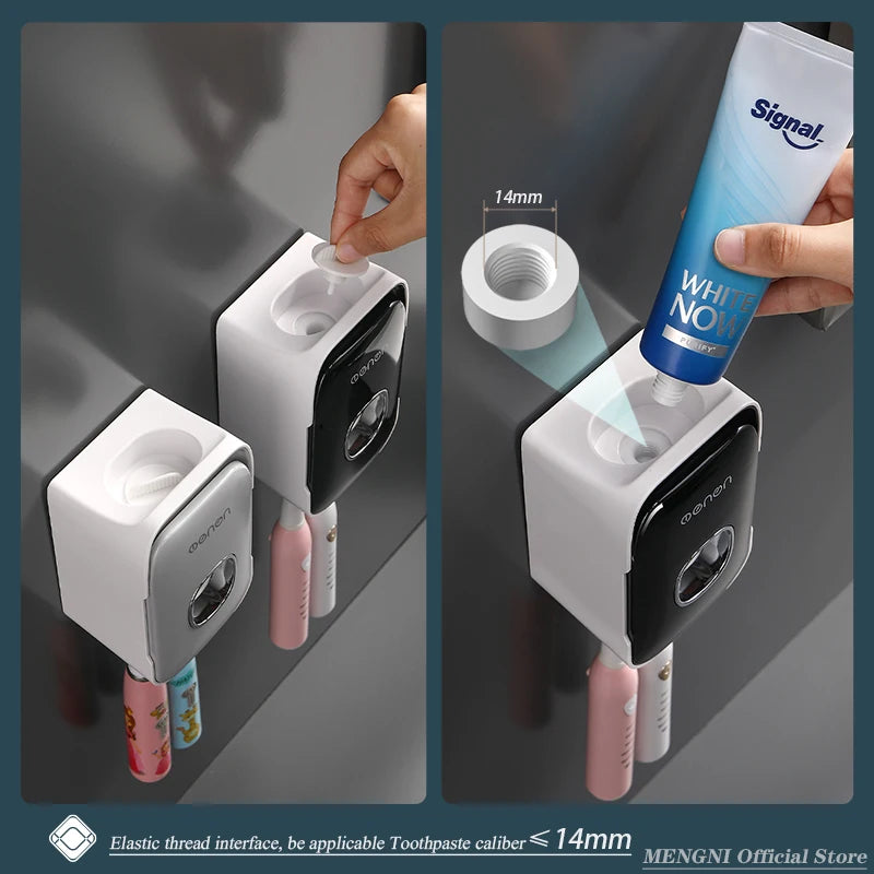 MENGNI Wall-Mounted Toothpaste Dispenser & Toothbrush Holder, No-Drill Installation