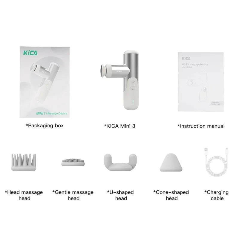 KiCA Mini 3 Lightweight Massage Gun with Stepless Speed Control & 4 Massage Heads