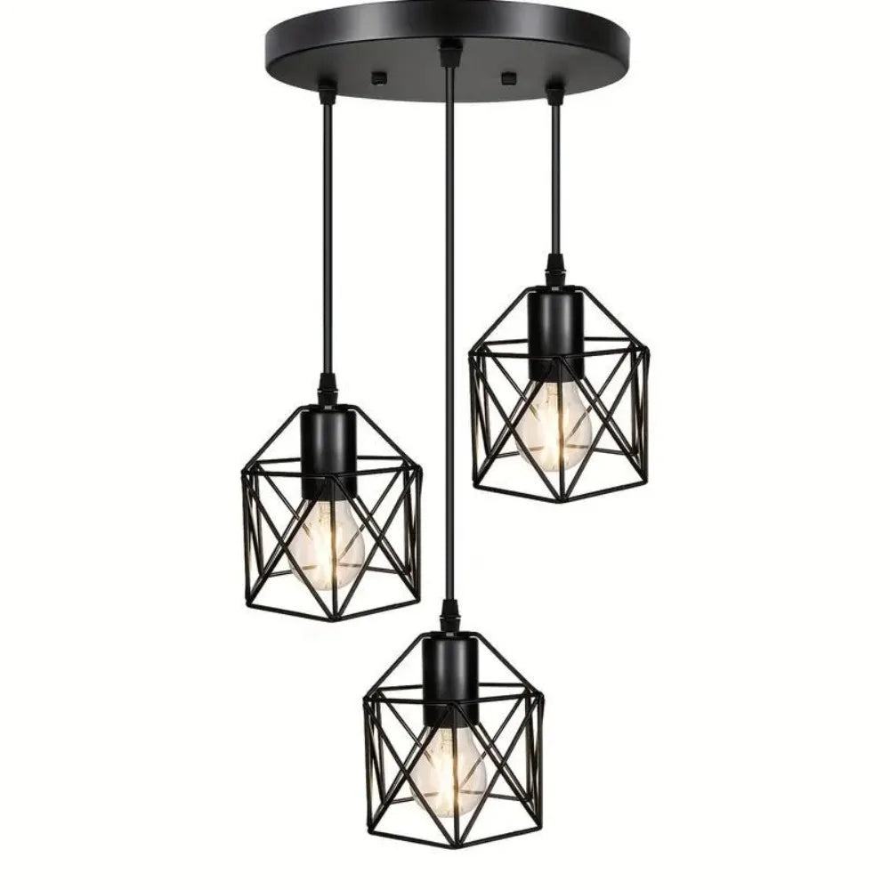 Industrial 3-Light Chandeliers with Metal Caged Living Room Pendant Light Black Hanging Light Fixtures for Dining Room Bedroom