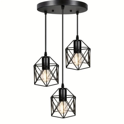 Industrial 3-Light Chandeliers with Metal Caged Living Room Pendant Light Black Hanging Light Fixtures for Dining Room Bedroom