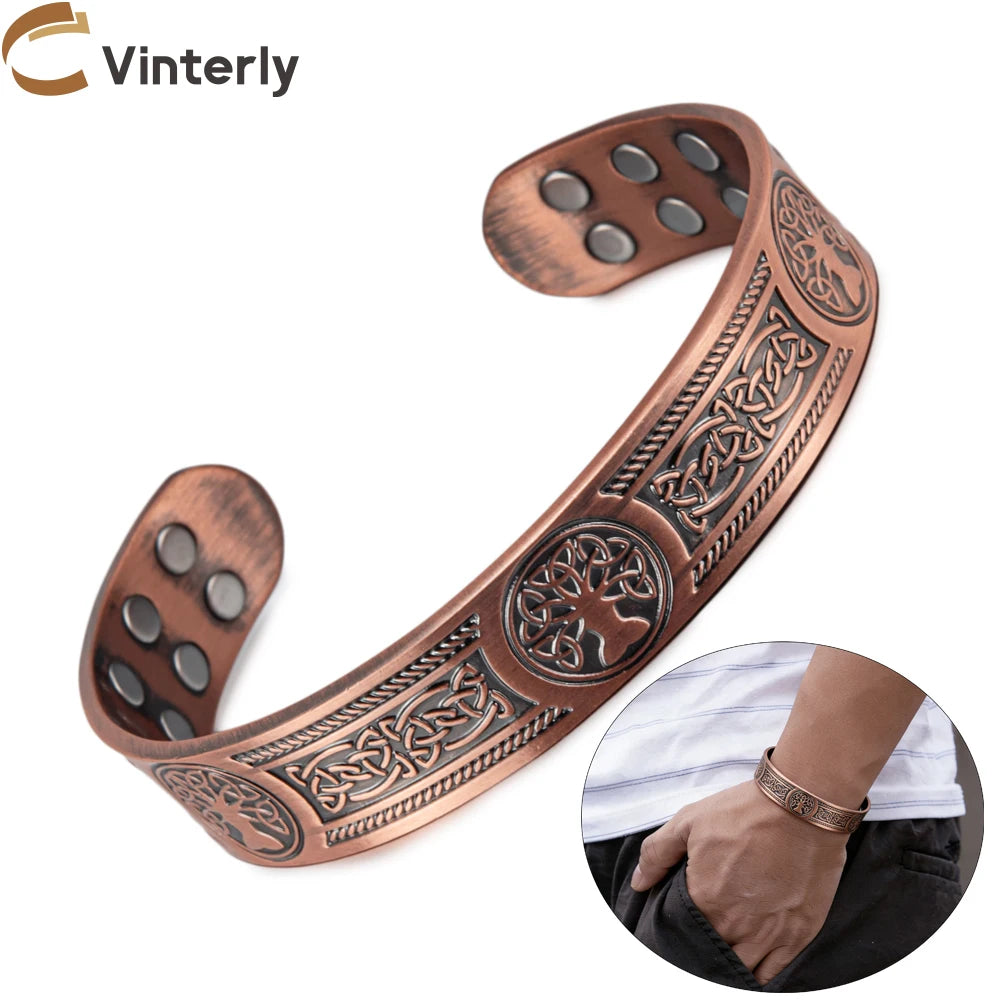 Vinterly Pure Copper Magnetic Cuff Bracelet with Viking Yggdrasil Design, Adjustable, 15mm Wide