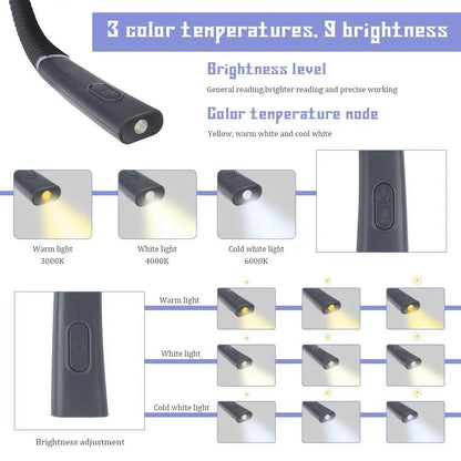 LED Neck Reading Light Flexible Book Lamp 3 Colors Brightness Adjustable Rechargeable for Reading Knitting Repairing Lighting
