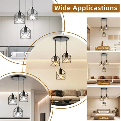 Industrial 3-Light Chandeliers with Metal Caged Living Room Pendant Light Black Hanging Light Fixtures for Dining Room Bedroom