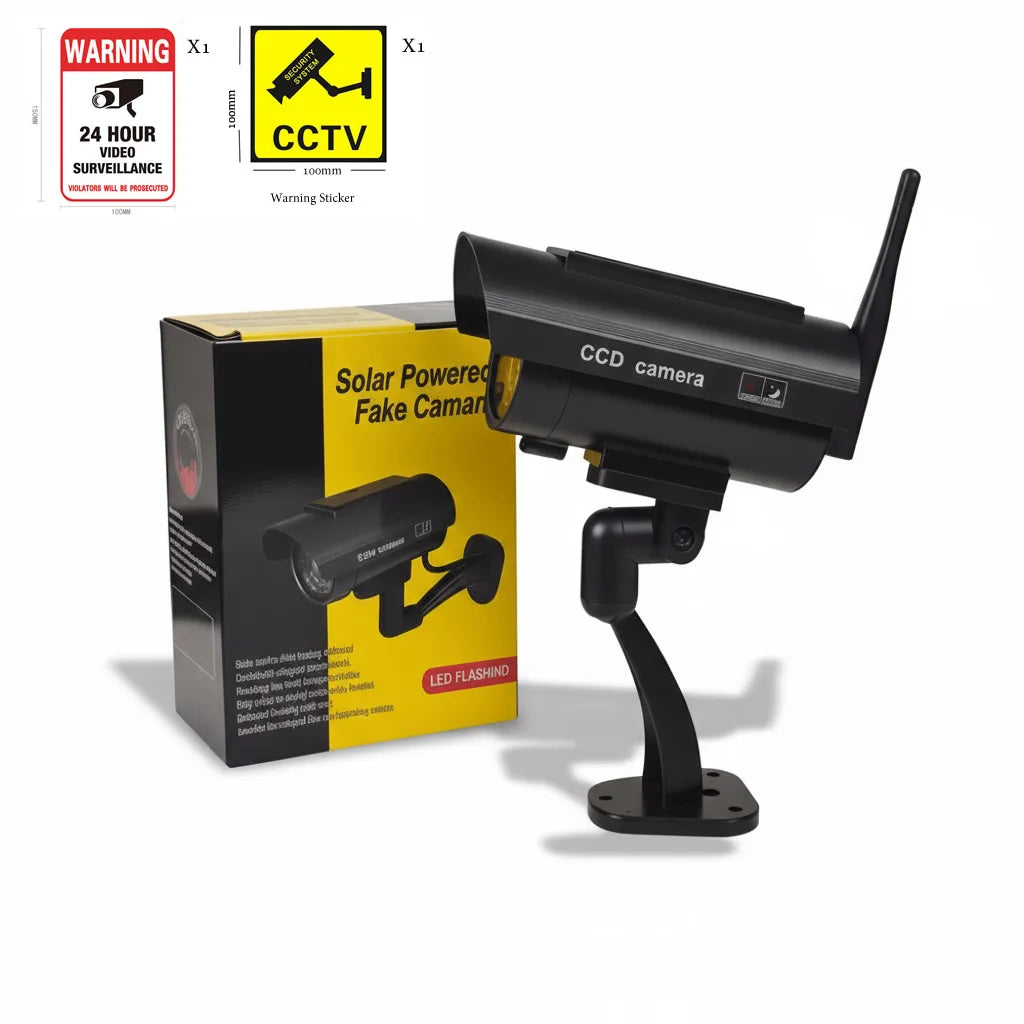 Solar-Powered Dummy Security Camera with Antenna & Flashing Red LED, Waterproof