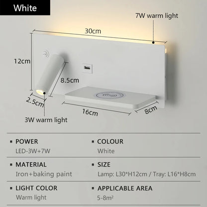 LED Wall Lamp Modern Multifunctional Iron Wall Lamp Living Room Bedroom  Ndoor Lighting with Wireless Charging and USB Interface
