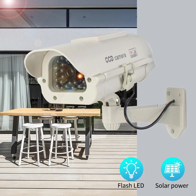 Solar-Powered Dummy Security Camera with Flashing Red LED, Waterproof
