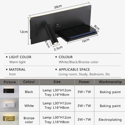 LED Wall Lamp Modern Multifunctional Iron Wall Lamp Living Room Bedroom  Ndoor Lighting with Wireless Charging and USB Interface