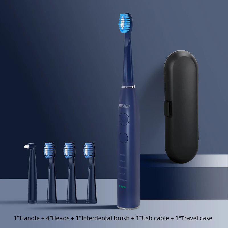 Seago SG-575 USB Rechargeable Electric Toothbrush with 4 Replacement Heads & Travel Case